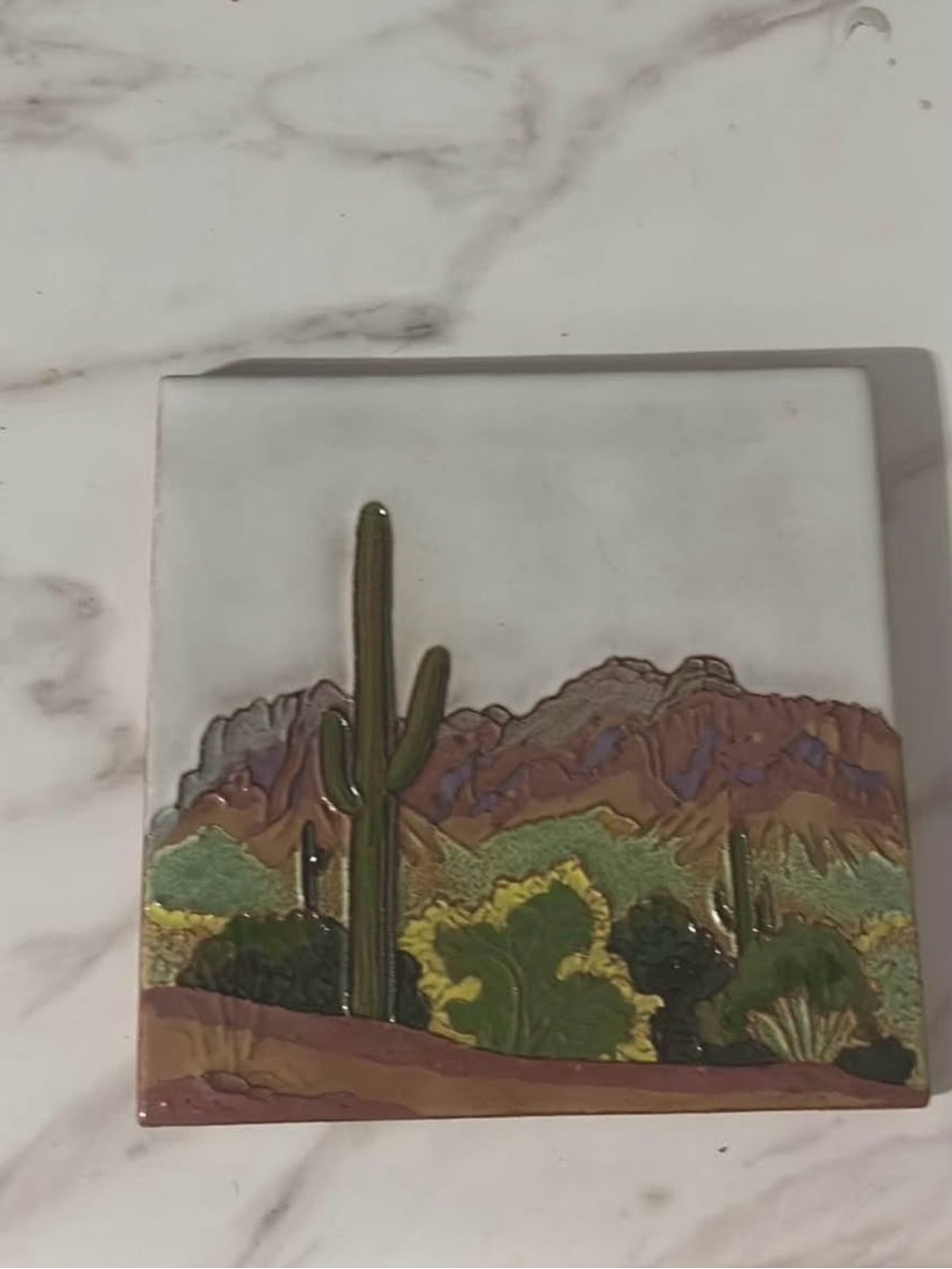 Hand-Painted Desert Cactus Ceramic Wall Tile - Green